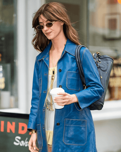 Daisy Edgar Jones Blue Leather Coat