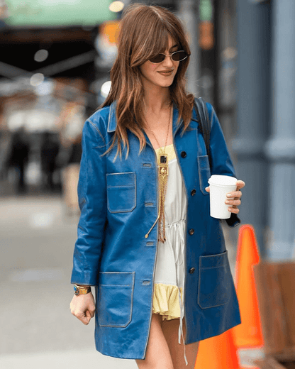 Daisy Edgar Jones Leather Blue Coat