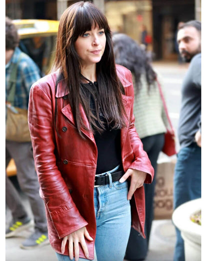 Dakota Johnson Maroon Leather Coat