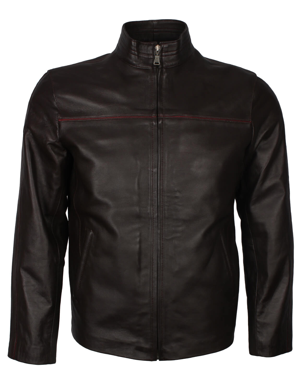 Dark Brown Leather Jacket With Red Stripe