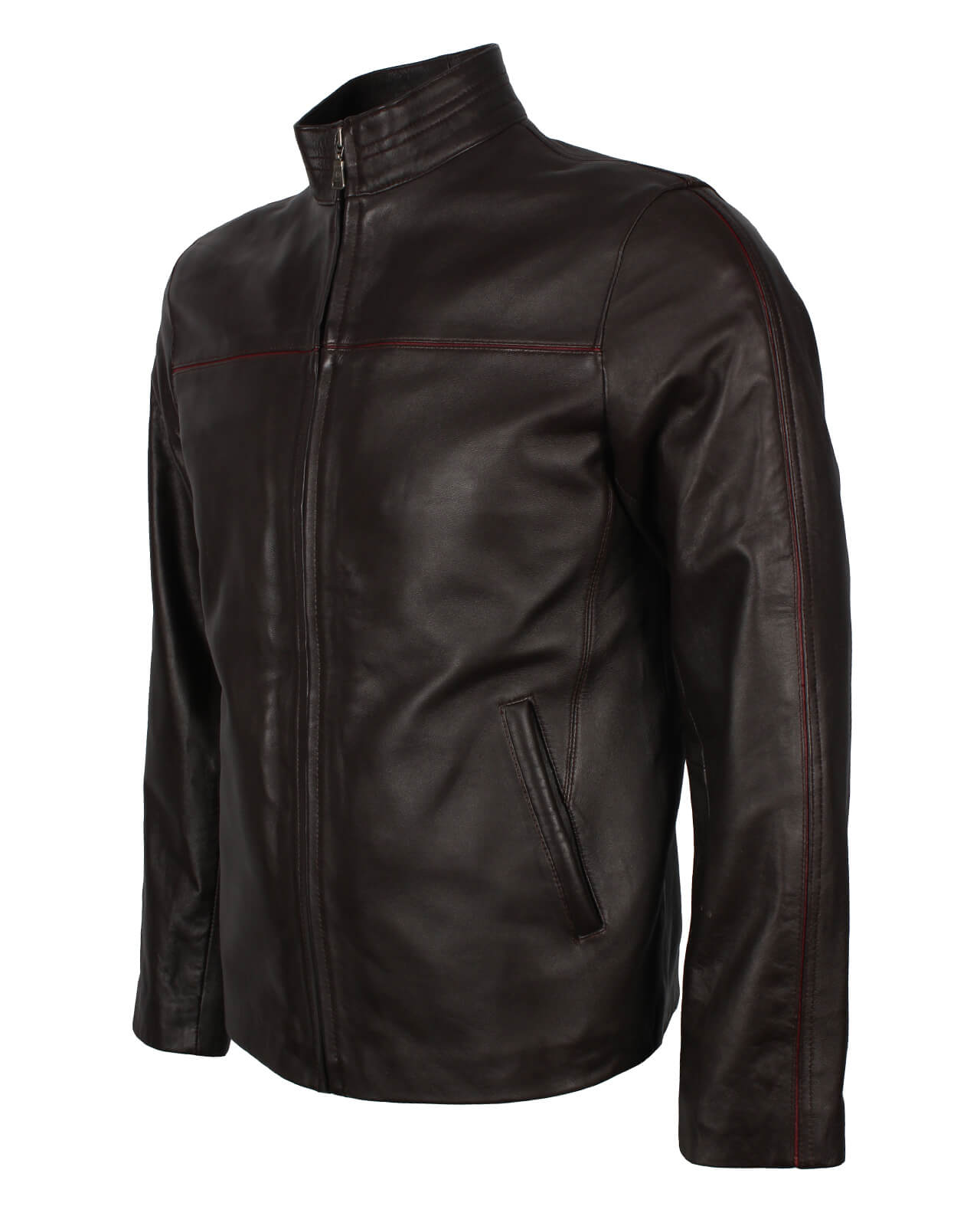 Dark Brown Red Stripe Biker Leather Jacket