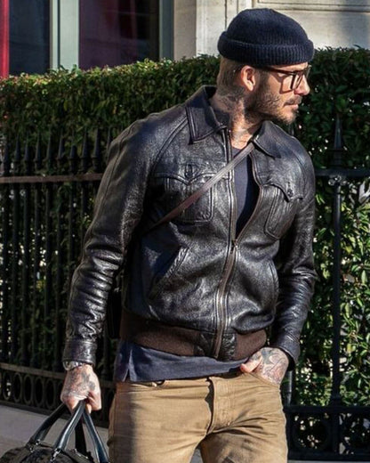 David Beckham Brown Biker Leather Jacket