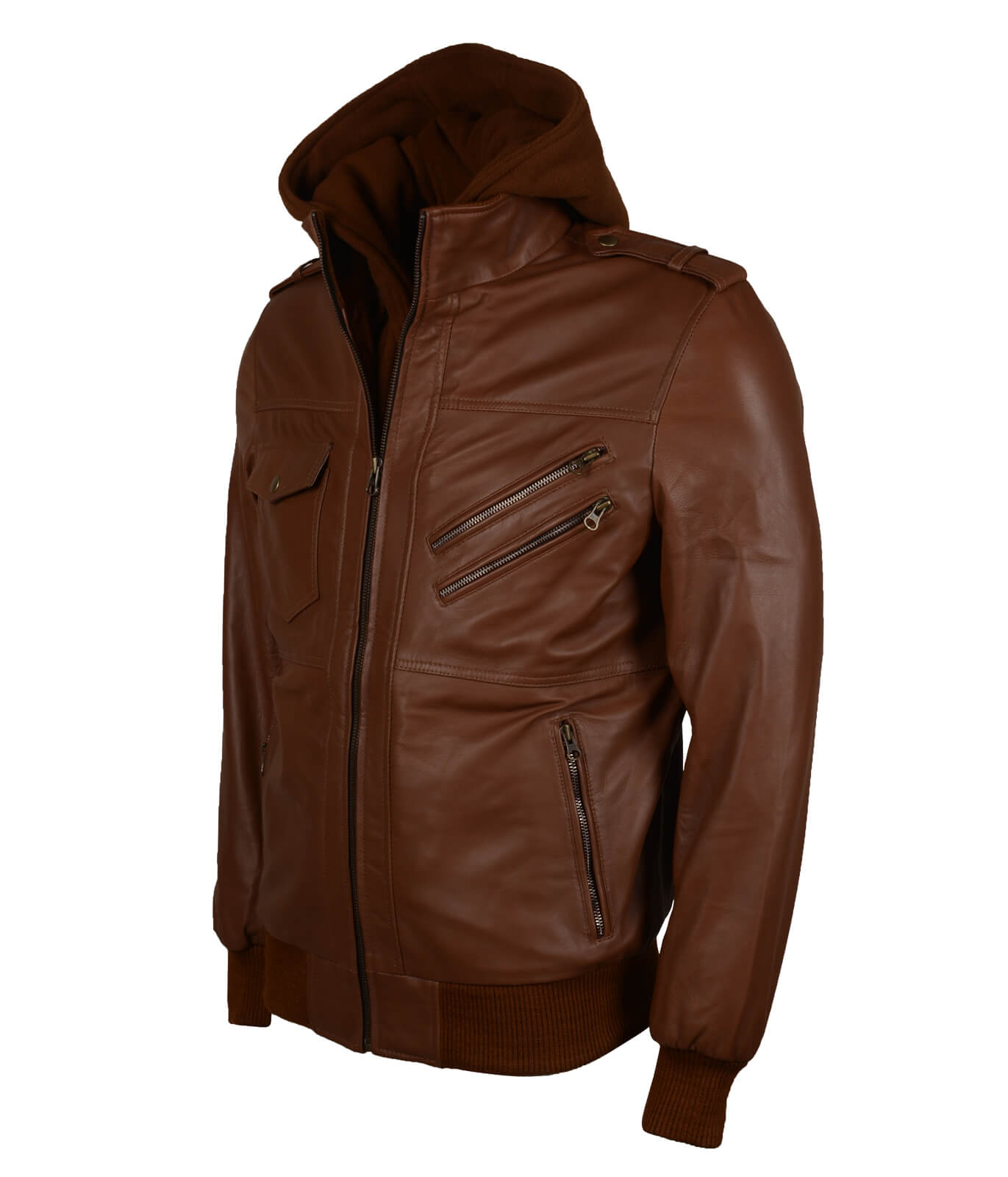 Detachable Hood Brown Leather Jacket Mens