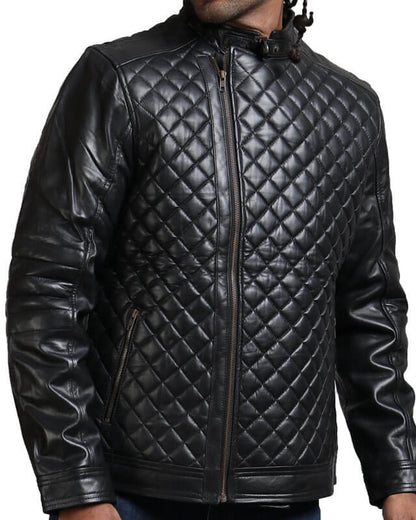 Diamond Quilted Black Biker Leather Jacket For Men