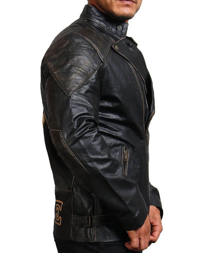 Distreesed Black Motorcycle Real Leather Jacket Men