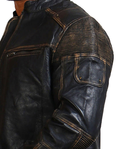 Distressed Black Cowhide Leather Biker Jacket