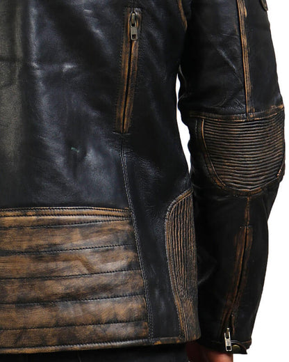 Distressed Black Cowhide Leather Motorcycle Jacket