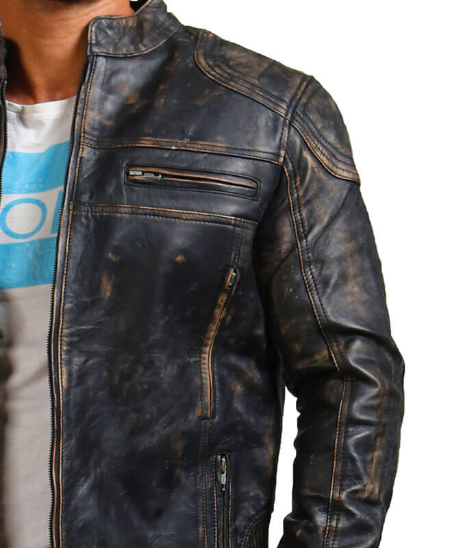 Distressed Real Leather Jacket Biker Men