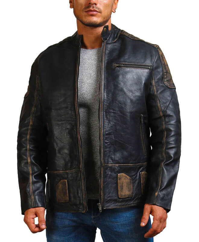 Dodge Distressed Black Leather Motorcycle Jacket