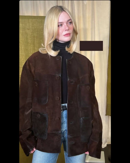 Elle Fanning Brown Suede Coat