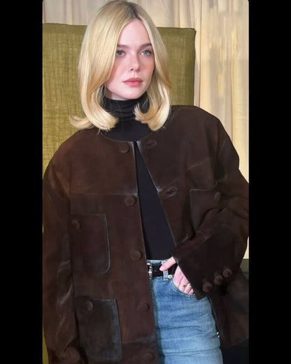 Elle Fanning Suede Brown Coat