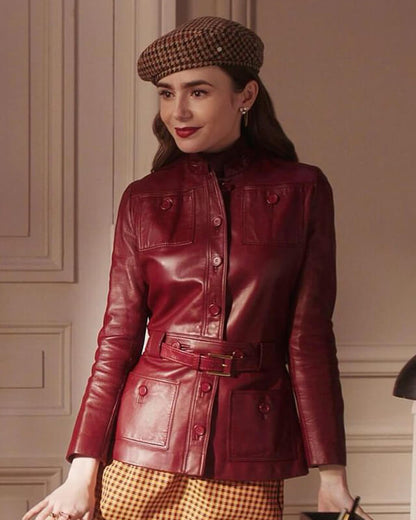 Emily In Paris Season 4 Red Leather Coat