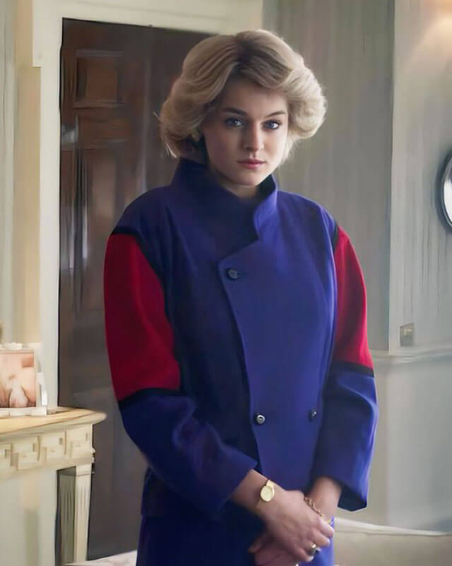 Emma Corrin The Crown Red And Blue Coat