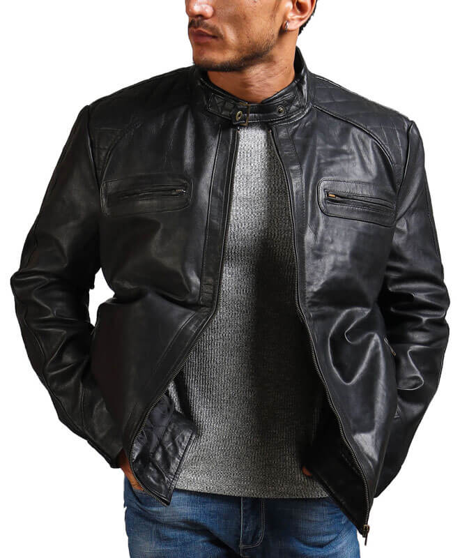 Garcia Mens Cafe Racer Black Leather Jacket