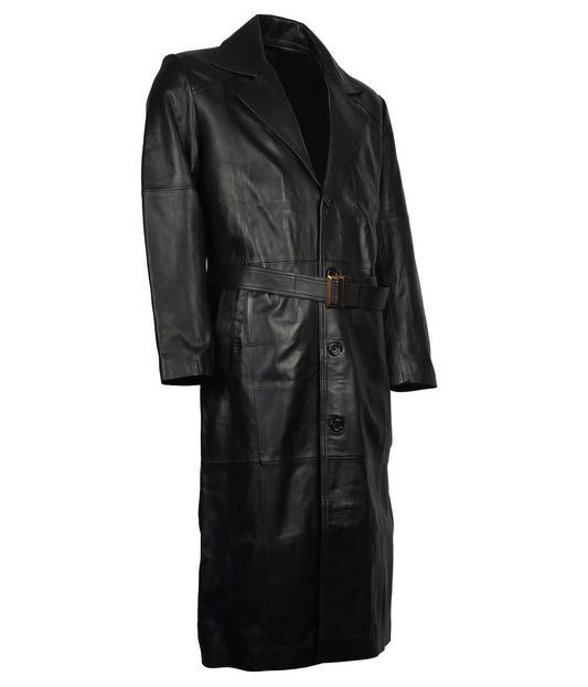 Genuine Leather Black Long Trench Coat