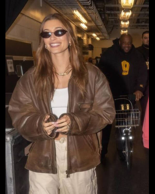 Hailey Baldwin Bieber Brown Leather Jacket