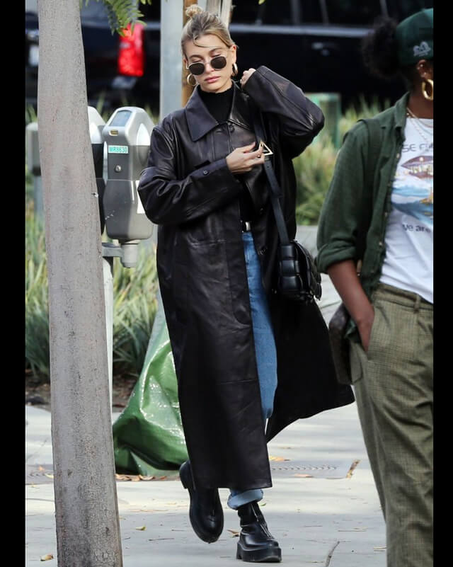 Hailey Bieber Black Leather Coat