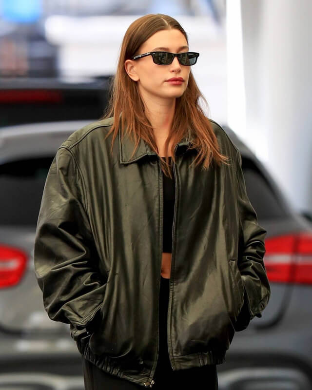 Hailey Bieber Black Leather Jacket