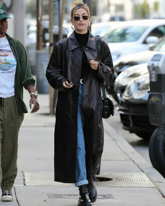 Hailey Bieber Black Leather Long Coat