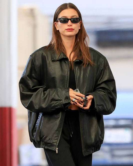 Hailey Bieber Leather Black Jacket