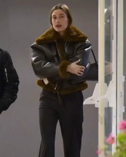 Hailey Bieber Leather Jacket With Faux Fur Lining