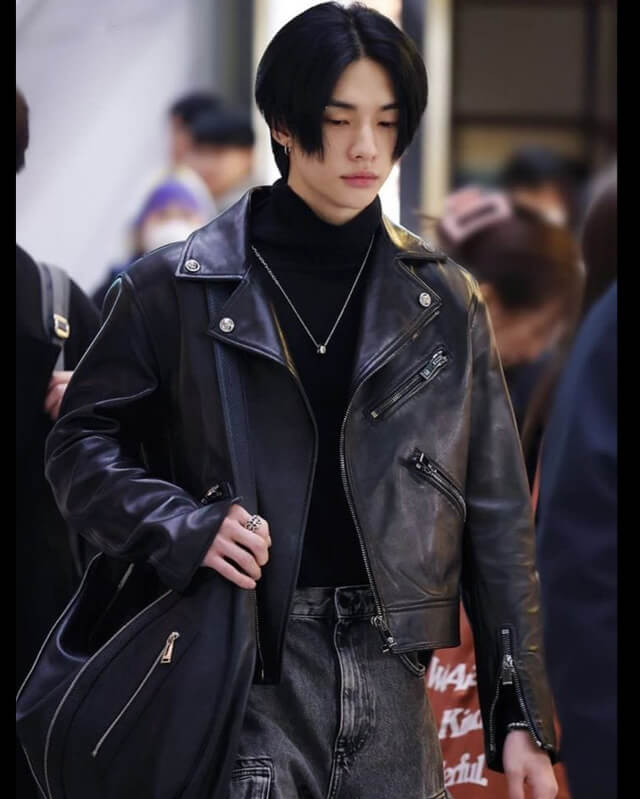 Hyunjin Black Biker Leather Jacket