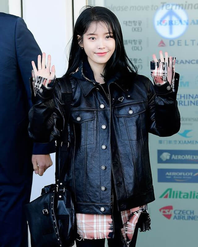 IU Airport Fashion Black Oversized Leather Jacket