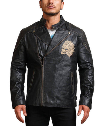 Indian Skull Black Leather Jacket