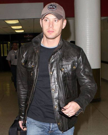 Jensen Ackles Brown Biker Leather Jacket