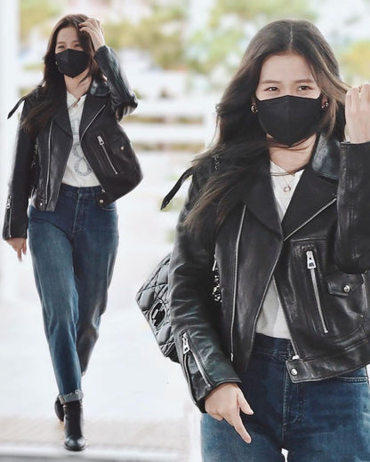 Jisoo Black Leather Jacket Airport Outfit