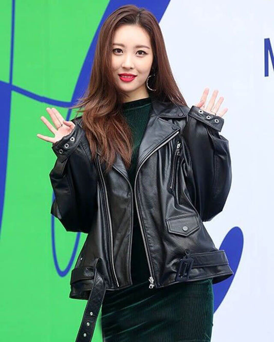 K Pop Sunmi Black Oversized Leather Jacket