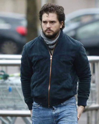Kit Harington Blue Suede Bomber Jacket