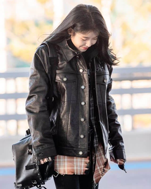 Kpop Airport Fashion Soloist IU Black Oversized Leather Jacket