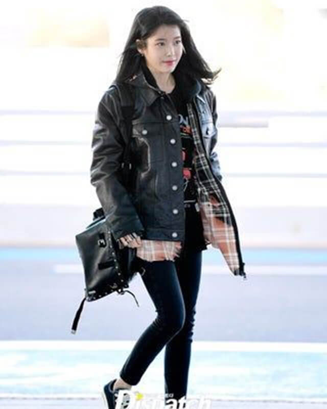 Kpop Fashion IU Black Oversized Leather Jacket