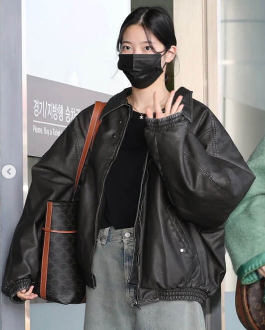 Le Sserafim Kazuha Oversized Bomber Leather Jacket
