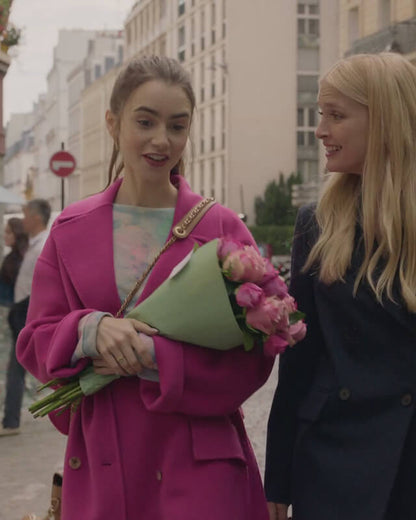 Lily Collins Emily In Paris Pink Wool Coat