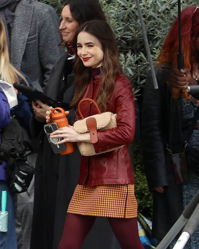 Lily Collins Emily In Paris S04 Red Leather Coat