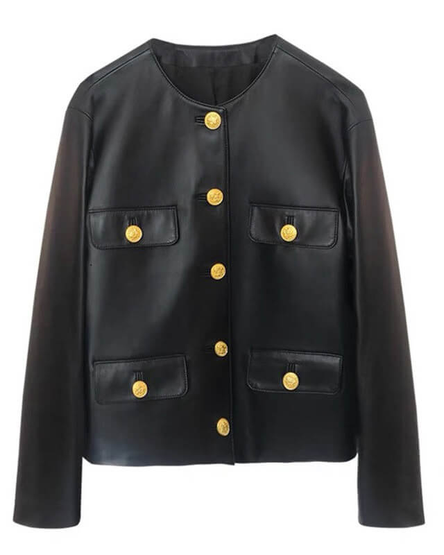 Lisa Black Leather Collarless Jacket
