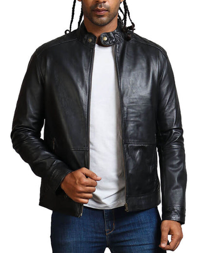 Men Biker Black Flag Skull Leather Jacket