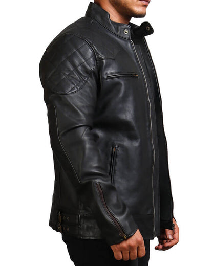 Men Biker Black Leather Jacket