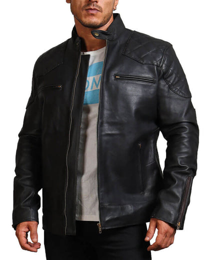 Men Biker Black Quilted Shoulders Leather Jacket