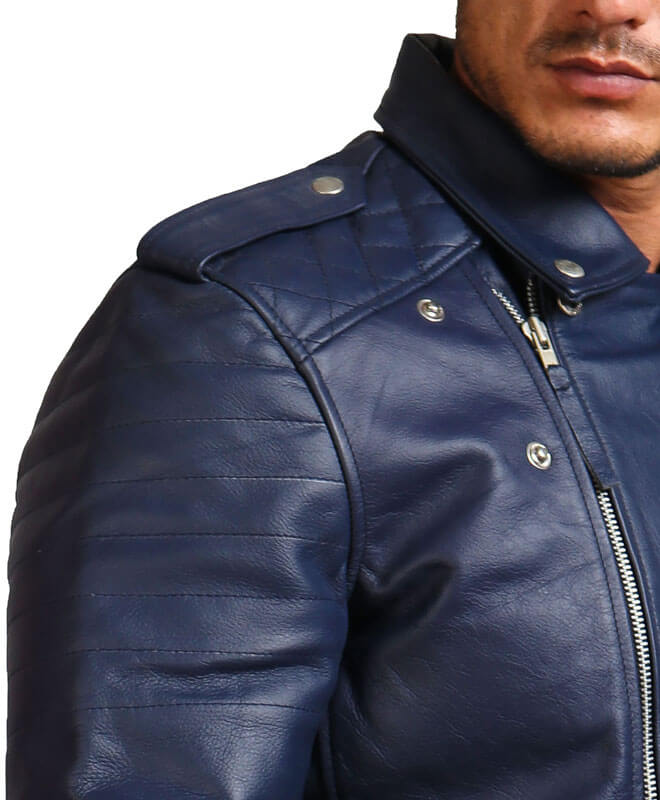 Men Biker Blue Genuine Leather Jacket