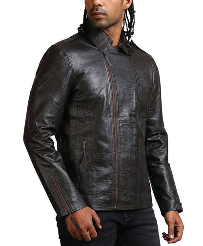 Men Biker Textured Black Leather Jacket