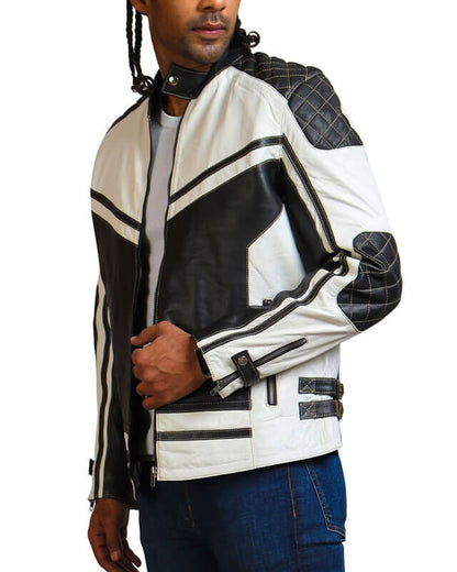 Men Black And White Quilted Biker Jacket