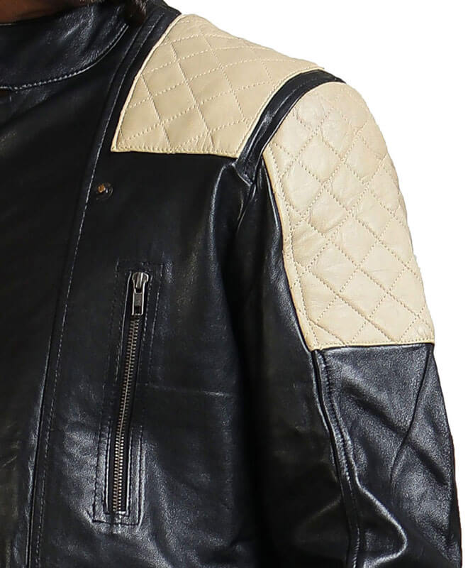 Men Black And White Quilted Patch Leather Jacket