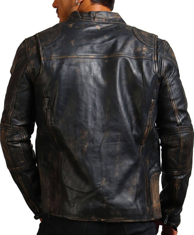 Men Black Biker Leather Jacket Distressed Finish