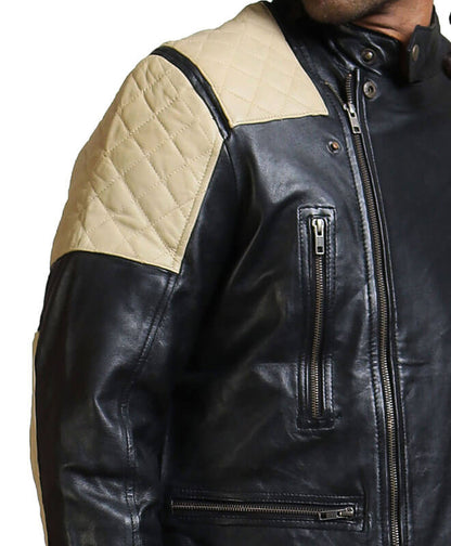 Men Black Biker Quilted Patch Leather Jacket