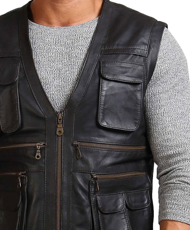 Men Black Biker Real Leather Vest