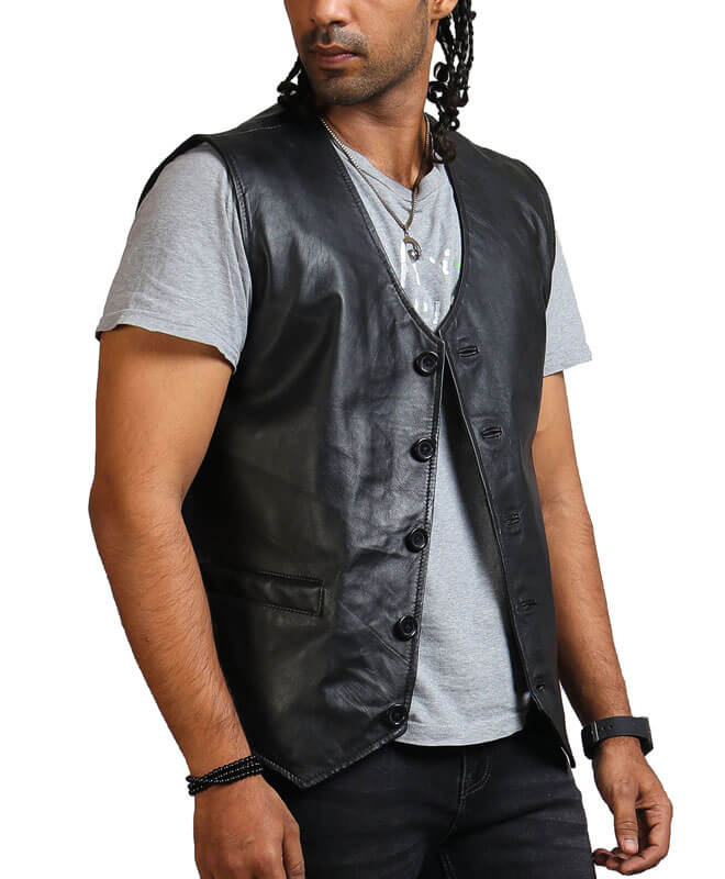 Men Black Biker Skull Leather Vest