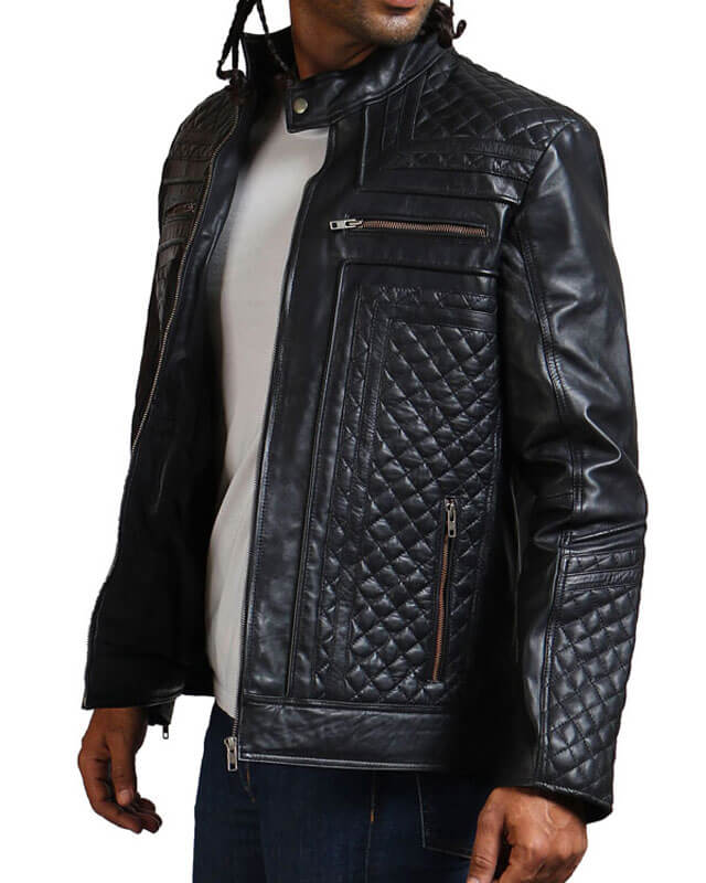 Men Black Biker Skull Quilted Leather Jacket